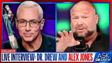 Alex Jones with Dr. Drew Pinsky in an October 2024 exclusive live interview.